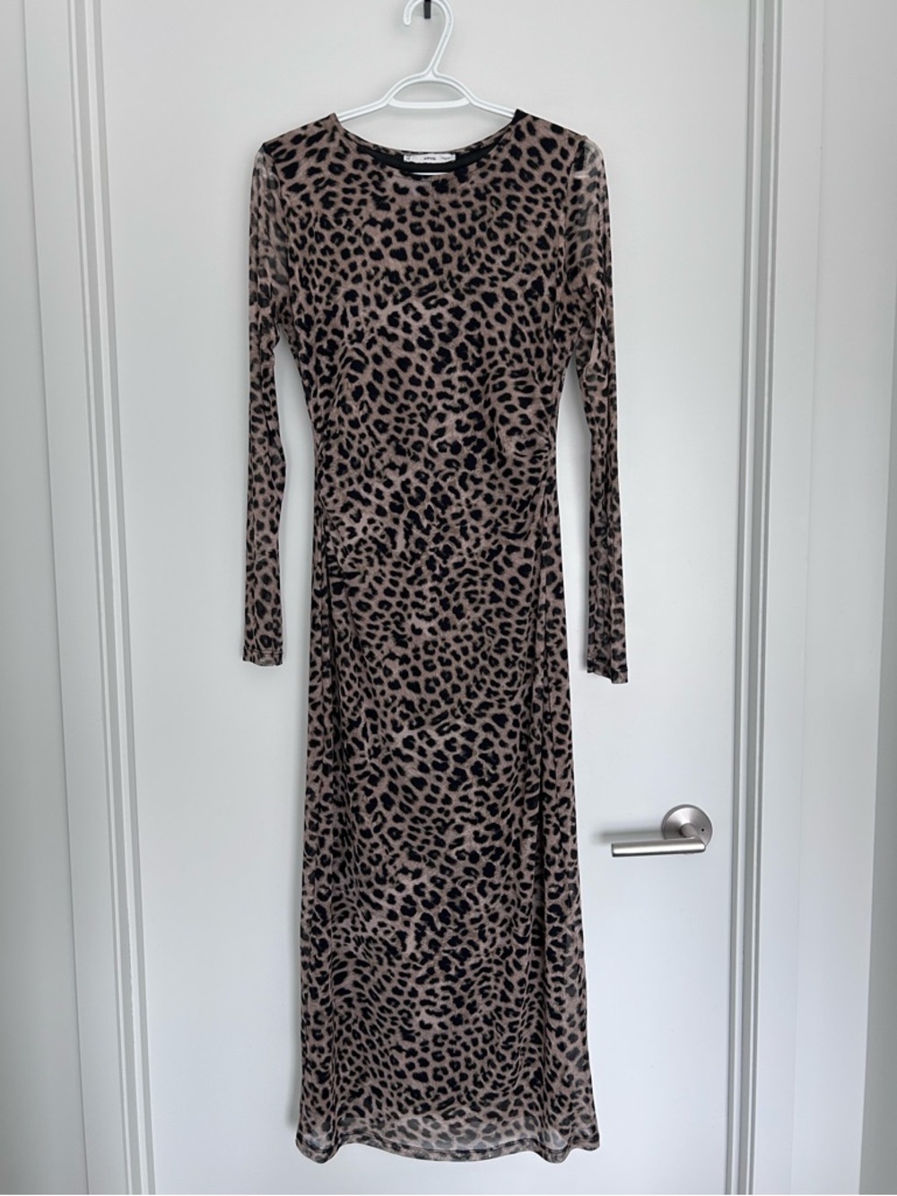 MANGO Mesh Leopard Print Long Sleeve Midi Dress - Taupe/Black